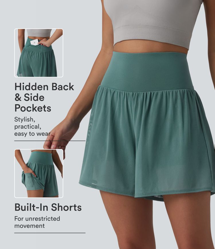 SoftlyZero™ Airy High Waisted Contrast Mesh 2-in-1 Cool Touch Yoga Shorts 5'' with Pockets