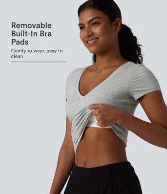 Halara Cotton Jersey V Neck Short Sleeve Built-in Bra Push Up Ruched Casual T-Shirt