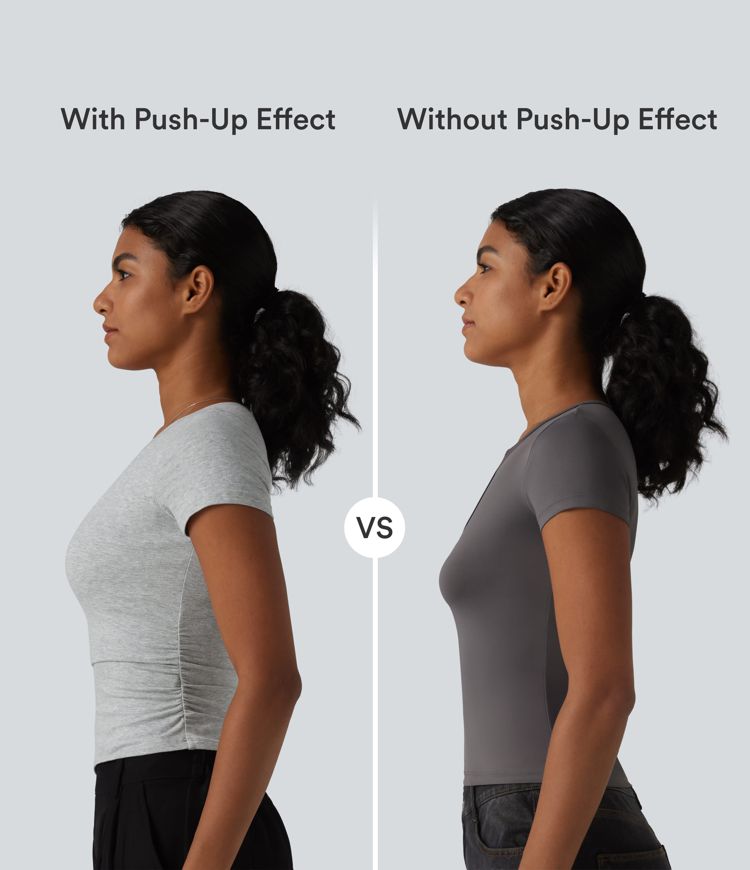 Halara Cotton Jersey V Neck Short Sleeve Built-in Bra Push Up Ruched Casual T-Shirt