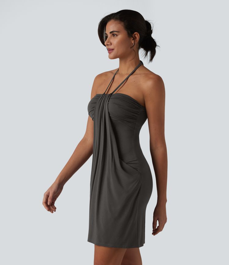Halter Tie Back Mini Resort Dress with Pockets