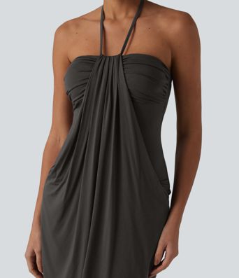 Halter Tie Back Mini Resort Dress with Pockets