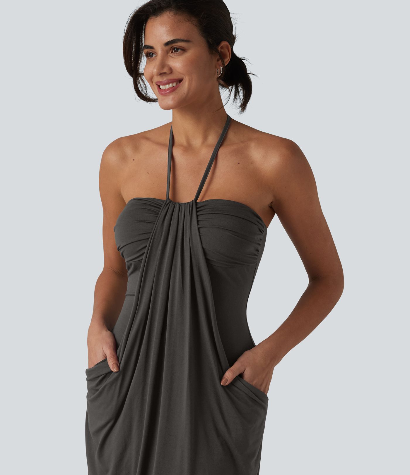 Halter Tie Back Mini Resort Dress with Pockets