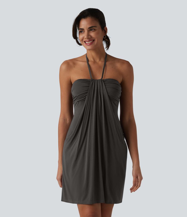 Halter Tie Back Mini Resort Dress with Pockets