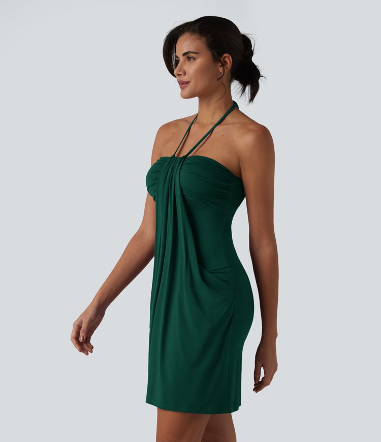 Halter Tie Back Mini Resort Dress with Pockets