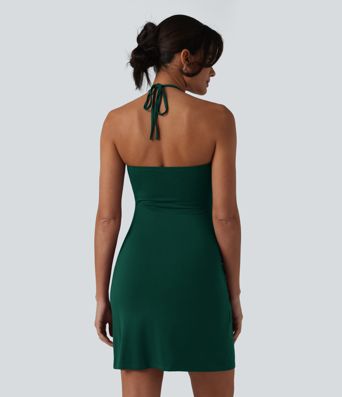 Halter Tie Back Mini Resort Dress with Pockets