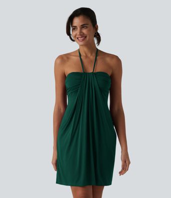 Halter Tie Back Mini Resort Dress with Pockets