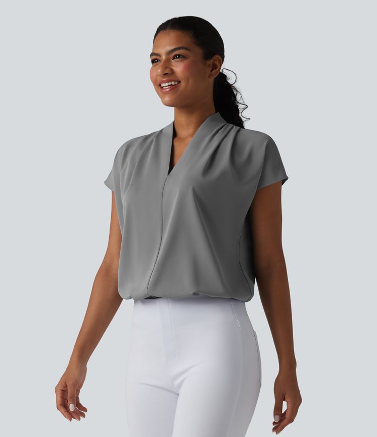 Wrinkle-resistant V-neck Batwing Sleeve Loose Fit Work Blouse