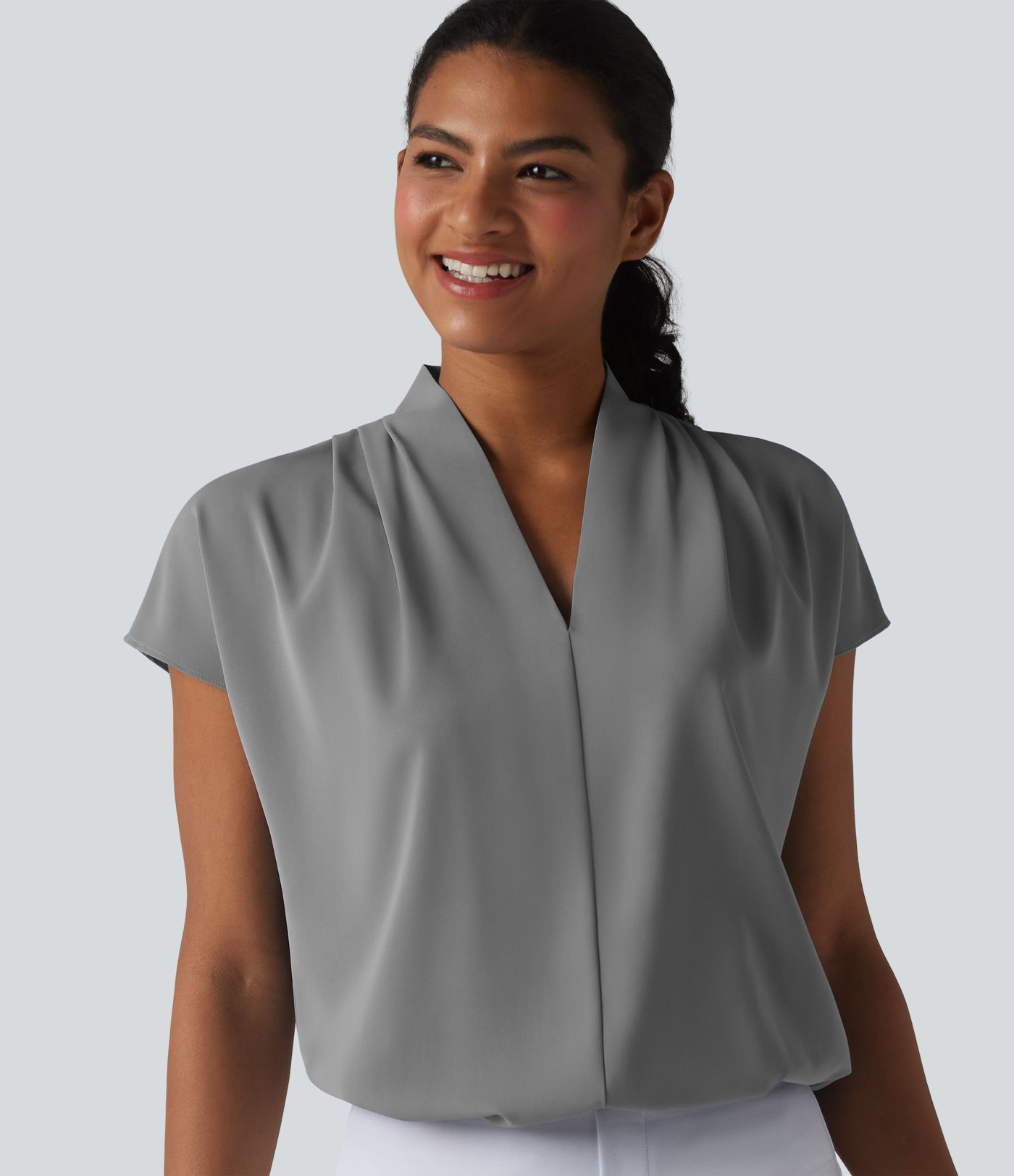 Wrinkle-resistant V-neck Batwing Sleeve Loose Fit Work Blouse