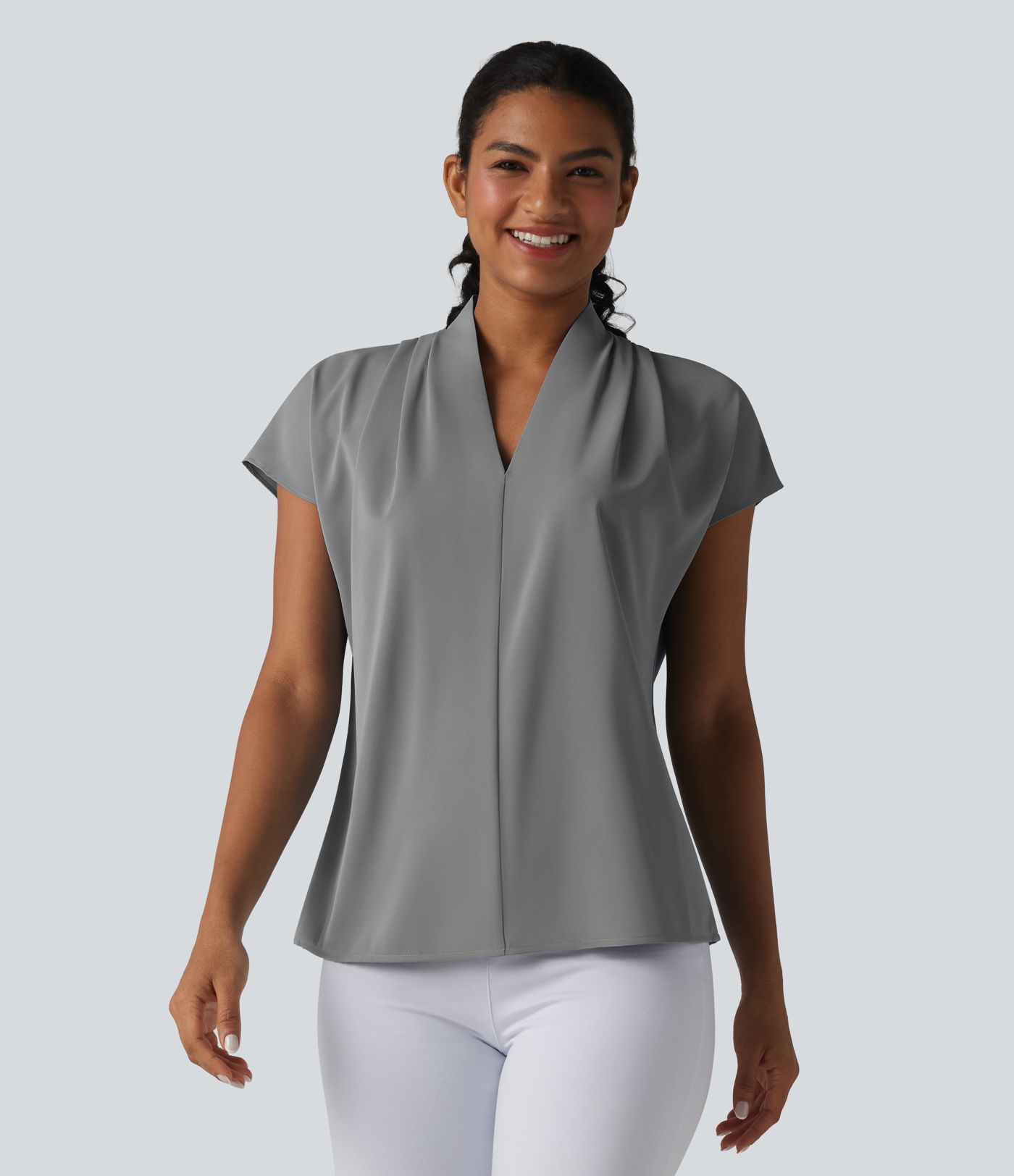 Wrinkle-resistant V-neck Batwing Sleeve Loose Fit Work Blouse