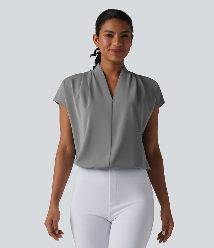 Wrinkle-resistant V-neck Batwing Sleeve Loose Fit Work Blouse