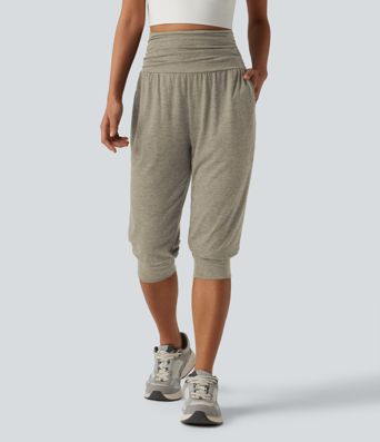 High Waisted Ruched Heathered Yoga Pedal Pushers Joggers with Pockets High Waisted Ruched Heathered Yoga Pedal Pushers Joggers with Pockets