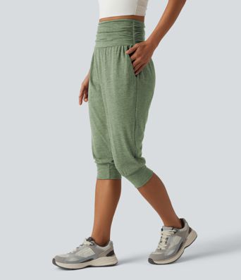 High Waisted Ruched Heathered Yoga Pedal Pushers Joggers with Pockets High Waisted Ruched Heathered Yoga Pedal Pushers Joggers with Pockets
