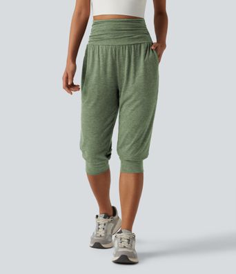 High Waisted Ruched Heathered Yoga Pedal Pushers Joggers with Pockets High Waisted Ruched Heathered Yoga Pedal Pushers Joggers with Pockets