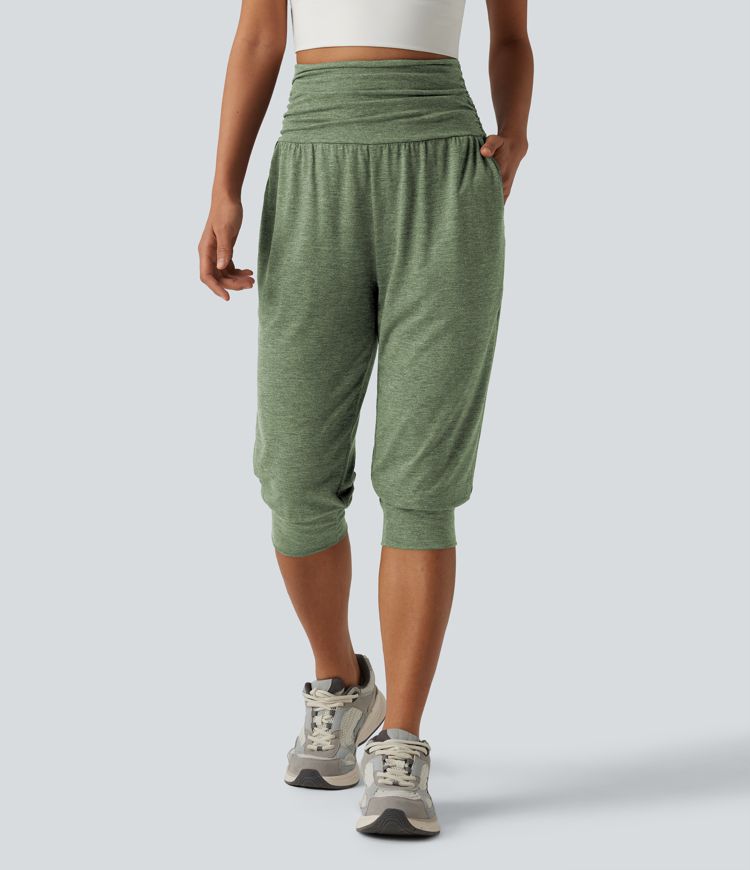High Waisted Ruched Heathered Yoga Pedal Pushers Joggers with Pockets High Waisted Ruched Heathered Yoga Pedal Pushers Joggers with Pockets