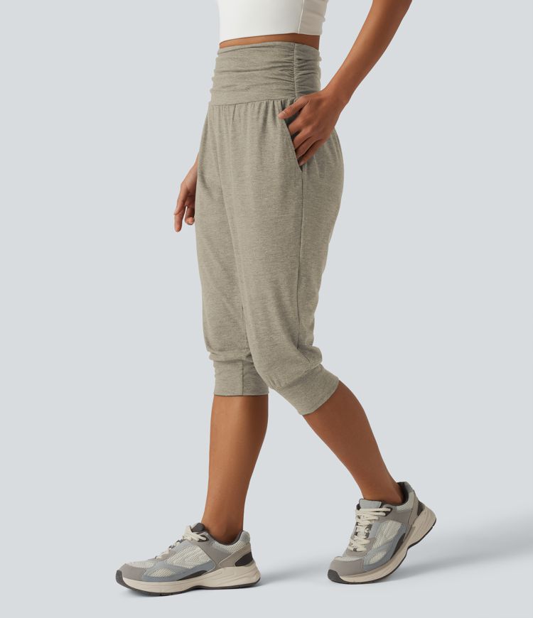 High Waisted Ruched Heathered Yoga Pedal Pushers Joggers with Pockets High Waisted Ruched Heathered Yoga Pedal Pushers Joggers with Pockets