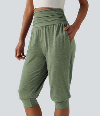 High Waisted Ruched Heathered Yoga Pedal Pushers Joggers with Pockets High Waisted Ruched Heathered Yoga Pedal Pushers Joggers with Pockets