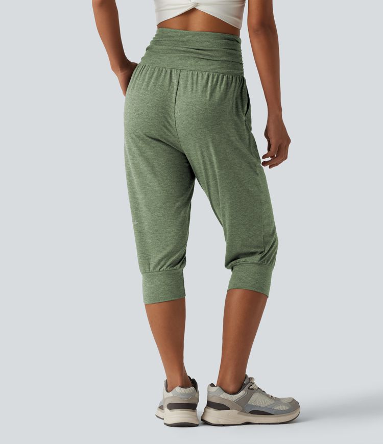 High Waisted Ruched Heathered Yoga Pedal Pushers Joggers with Pockets High Waisted Ruched Heathered Yoga Pedal Pushers Joggers with Pockets