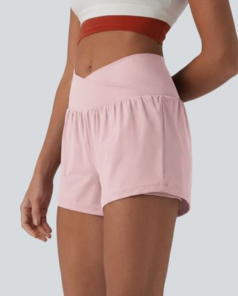 SoftlyZero™ Airy Crossover High Waisted 2-in-1 Cool Touch Yoga Shorts 3'' with Pockets