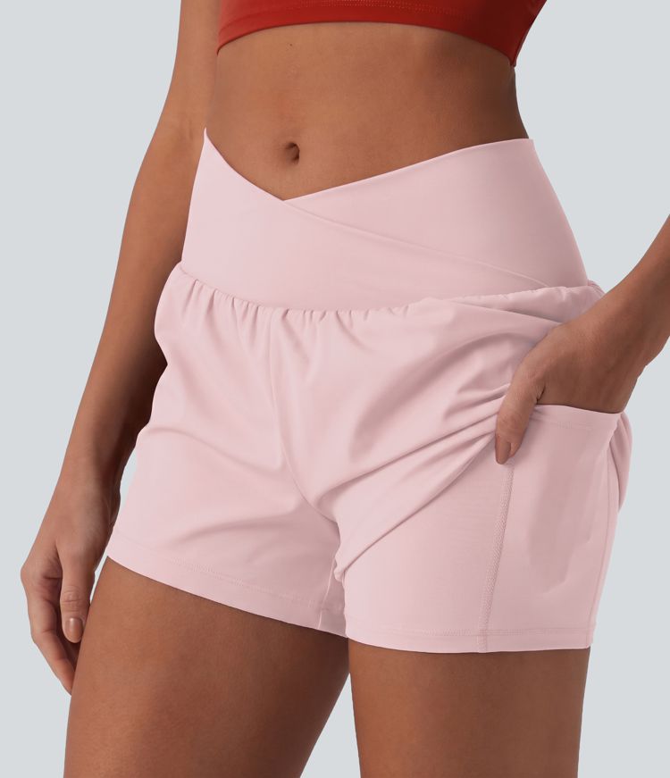 SoftlyZero™ Airy Crossover High Waisted 2-in-1 Cool Touch Yoga Shorts 3'' with Pockets