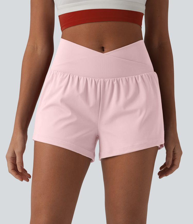 SoftlyZero™ Airy Crossover High Waisted 2-in-1 Cool Touch Yoga Shorts 3'' with Pockets
