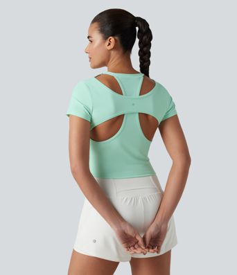 SoftlyZero™ Haut de sport d'entraînement col rond manches courtes avec découpe dos croisé toucher frais