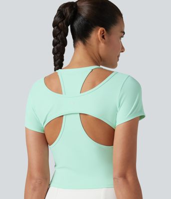 SoftlyZero™ Haut de sport d'entraînement col rond manches courtes avec découpe dos croisé toucher frais