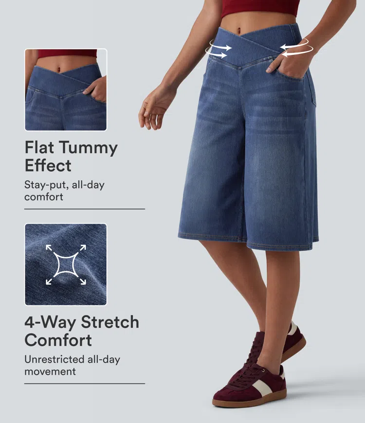 Halara Flex™ Crossover High Waisted Tummy Control Denim Casual Baggy Bermuda Shorts with Pockets