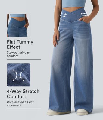 Halara Flex™ Crossover High Waisted Tummy Control Wide Leg Casual Jeans with Pockets Halara Flex™ Crossover High Waisted Tummy Control Wide Leg Casual Jeans with Pockets