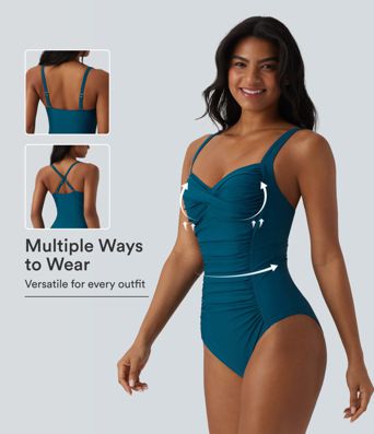 Queen Anne Neck Adjustable Straps Twisted Ruched Push-Up Tummy Control One Piece Swimsuit