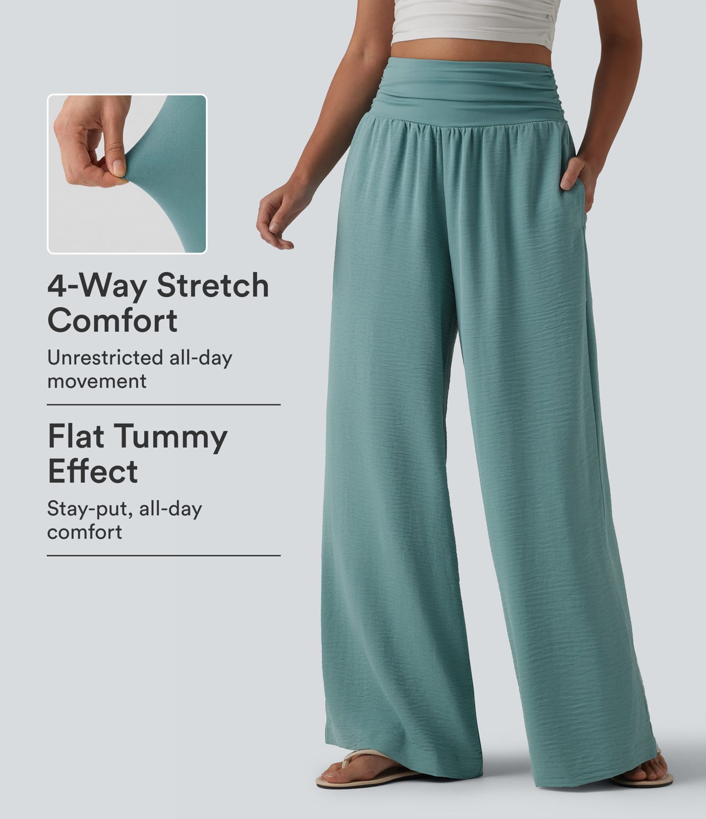 High Waisted Ruched Tummy Control Linen-Feel Casual Baggy Pants with Pockets High Waisted Ruched Tummy Control Linen-Feel Casual Baggy Pants with Pockets