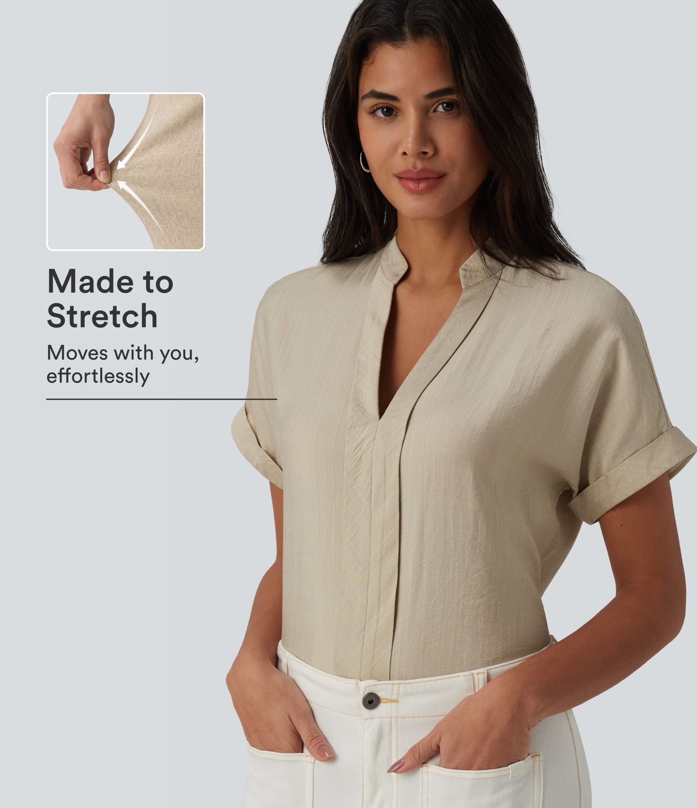 V Neck Short Sleeve Linen-Feel Work Shirt V Neck Short Sleeve Linen-Feel Work Shirt