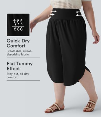Breezeful™ High Waisted Tummy Control Curved Hem Quick Dry Resort Capri Plus Size Pants with Pockets