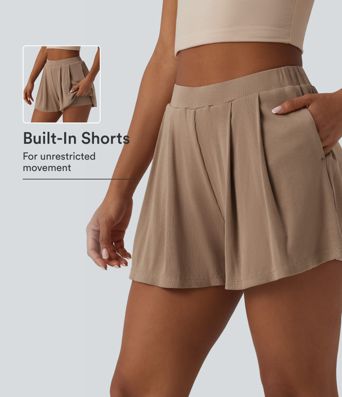 Ribbed Knit High Waisted 2-in-1 Casual Shorts with Pockets