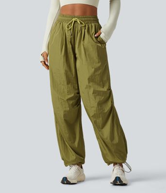 High Waisted Drawstring Ruched Hiking Cargo Baggy Trousers with Pockets