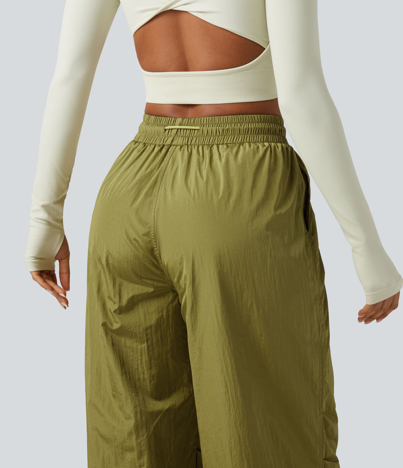 High Waisted Drawstring Ruched Hiking Cargo Baggy Trousers with Pockets
