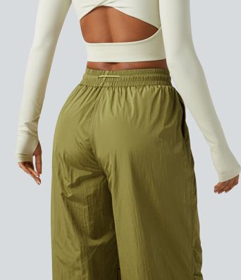 High Waisted Drawstring Ruched Hiking Cargo Baggy Trousers with Pockets