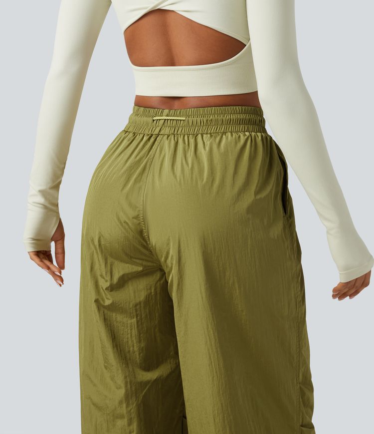 High Waisted Drawstring Ruched Hiking Cargo Baggy Trousers with Pockets