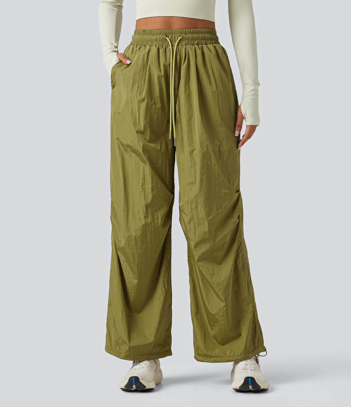 High Waisted Drawstring Ruched Hiking Cargo Baggy Trousers with Pockets