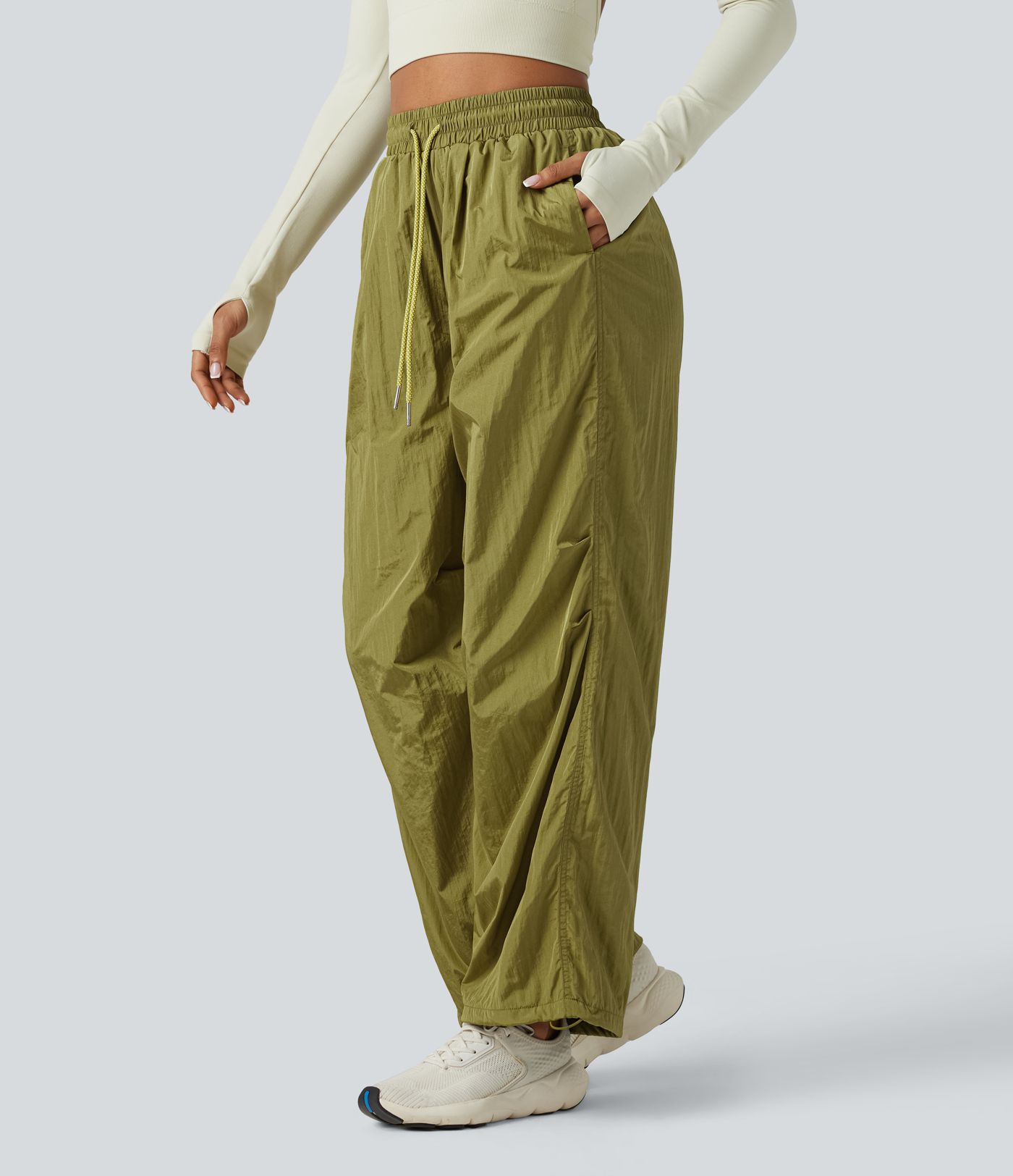 High Waisted Drawstring Ruched Hiking Cargo Baggy Trousers with Pockets
