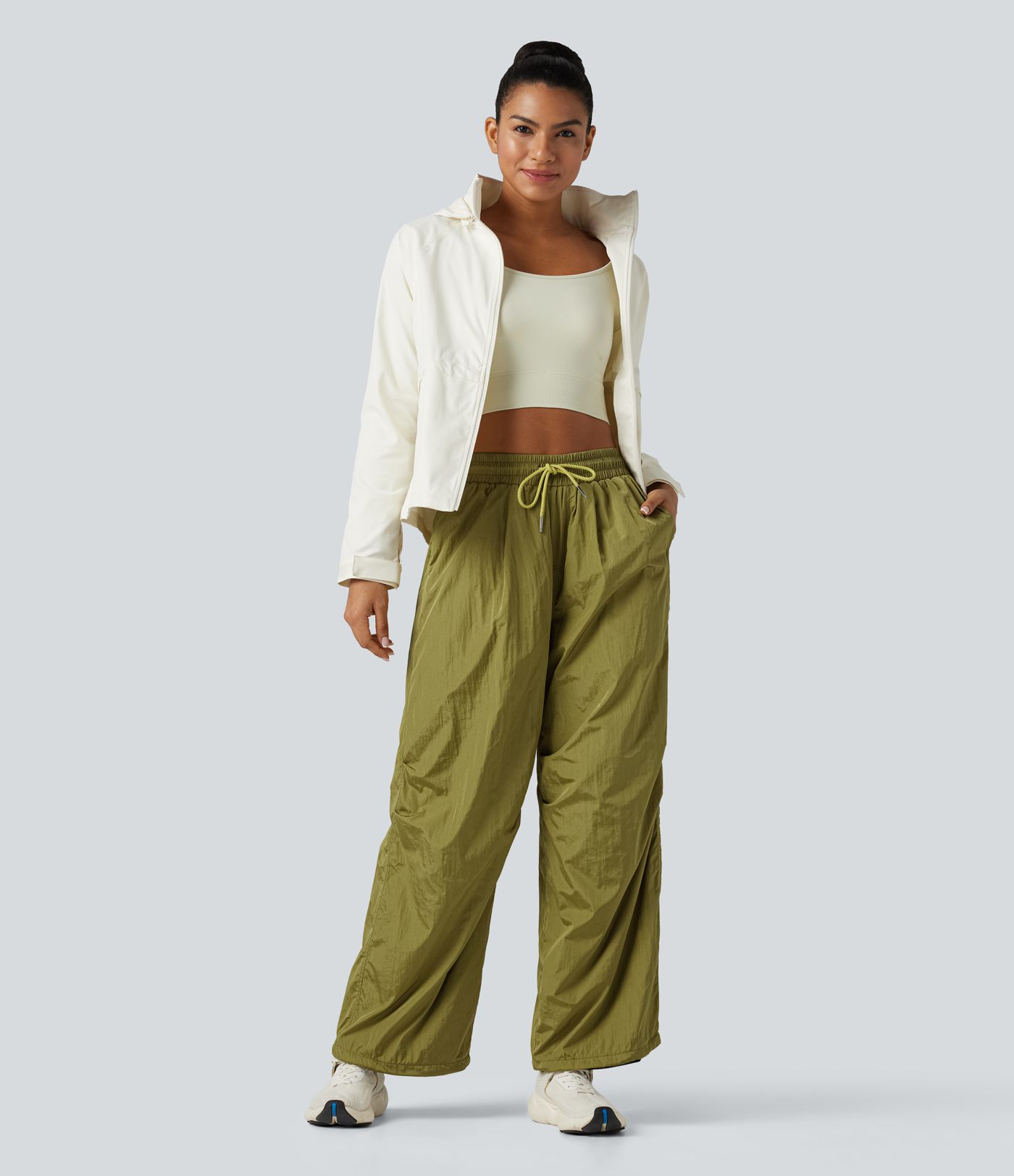 High Waisted Drawstring Ruched Hiking Cargo Baggy Trousers with Pockets