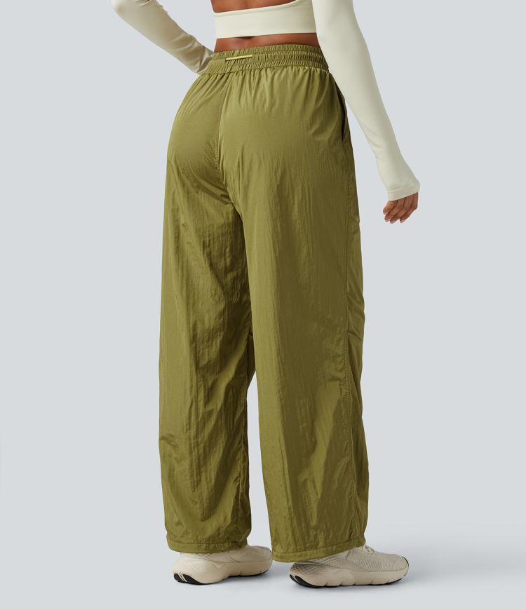 High Waisted Drawstring Ruched Hiking Cargo Baggy Trousers with Pockets