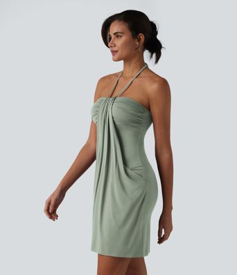 Halter Tie Back Mini Resort Dress with Pockets