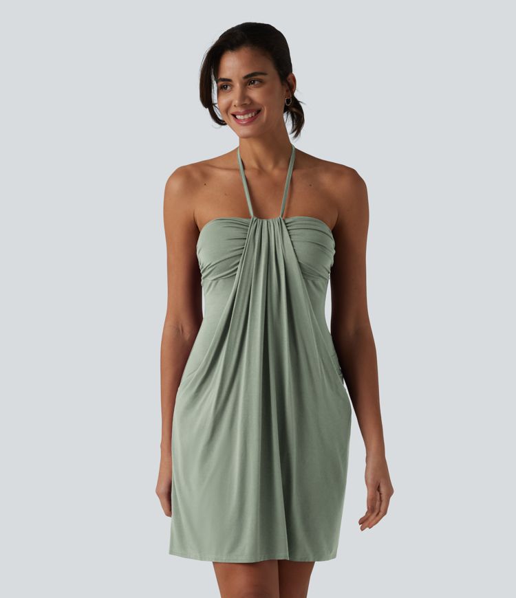 Halter Tie Back Mini Resort Dress with Pockets