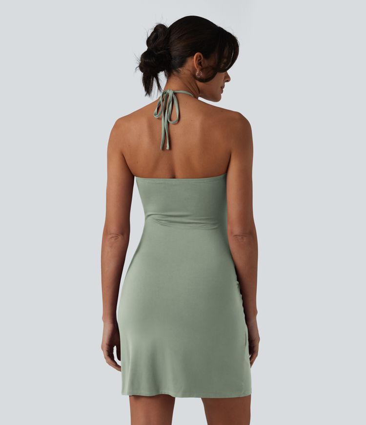 Halter Tie Back Mini Resort Dress with Pockets