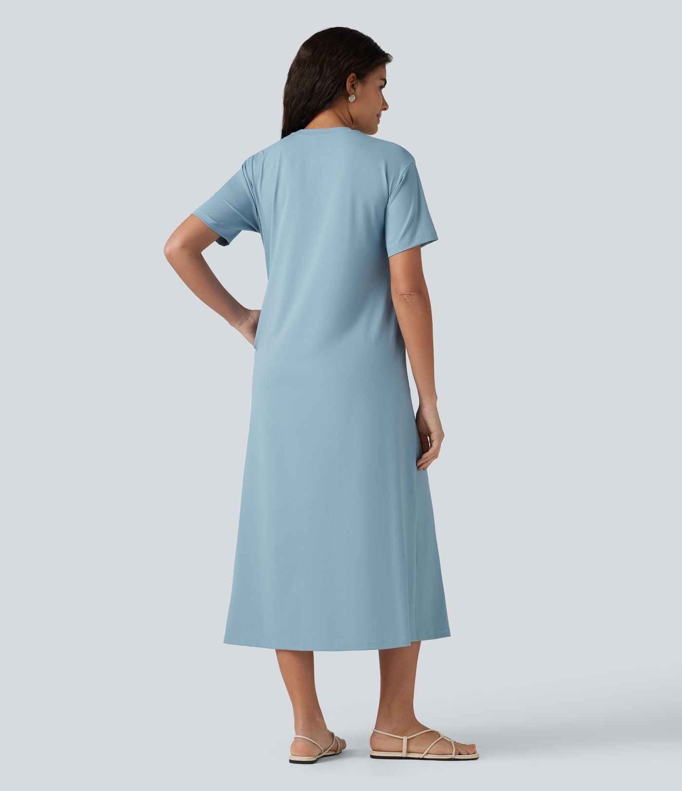 Vestido midi casual de cuello redondo, manga corta y bolsillos