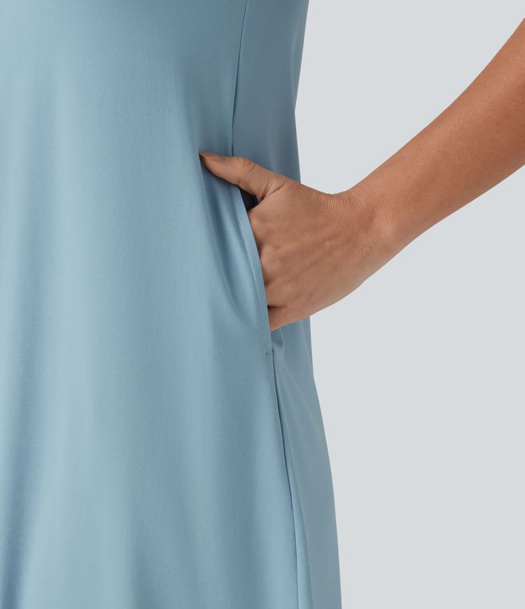 Vestido midi casual de cuello redondo, manga corta y bolsillos