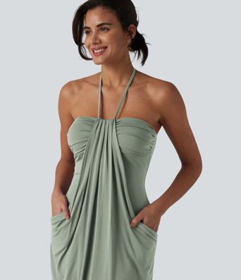 Halter Tie Back Mini Resort Dress with Pockets