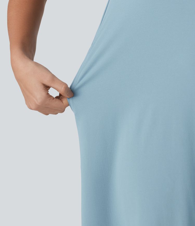 Vestido midi casual de cuello redondo, manga corta y bolsillos