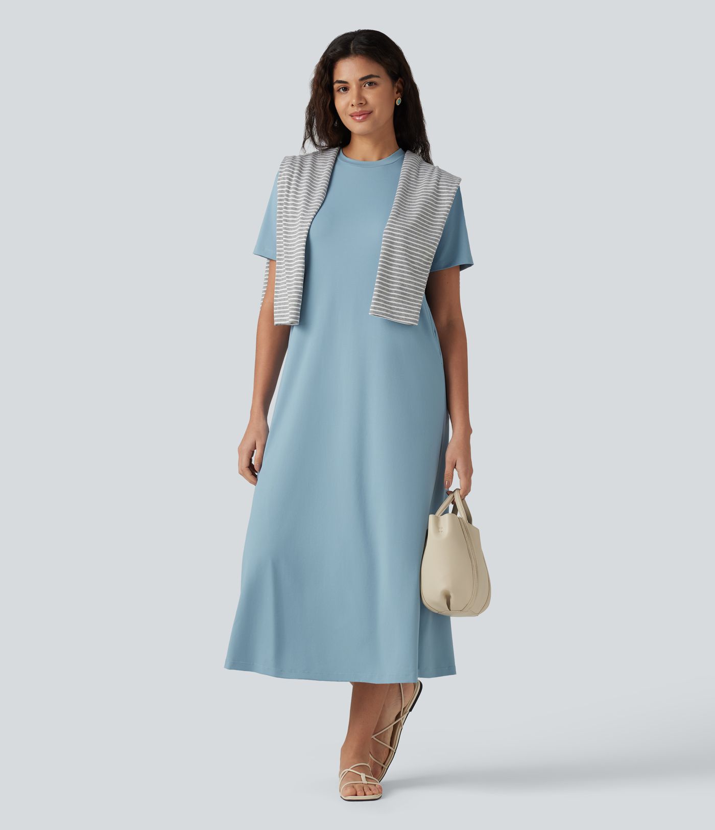 Vestido midi casual de cuello redondo, manga corta y bolsillos