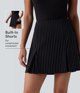 Jupe mini allongée taille haute 2-en-1, toucher frais, à rayures, coupe trapèze pour le bureau